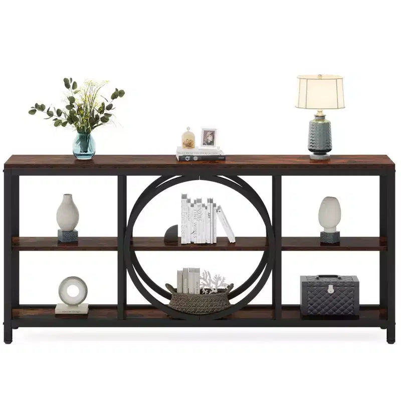 Console longue 3 niveaux de 70,9 po, style industriel rustique, brun et noir