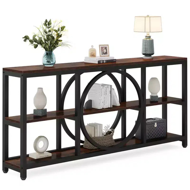 Console longue 3 niveaux de 70,9 po, style industriel rustique, brun et noir