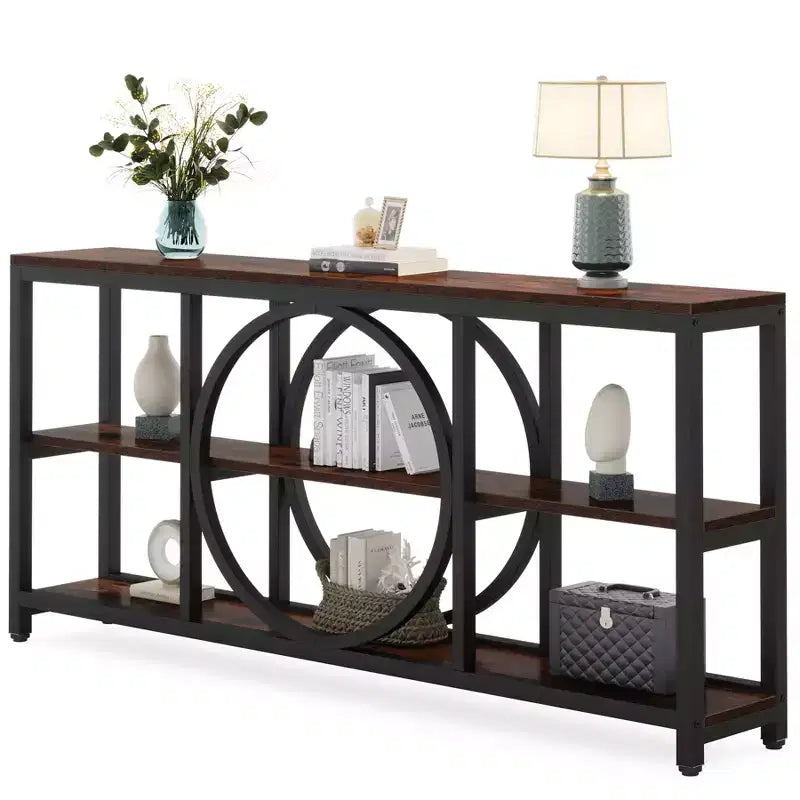 Console longue 3 niveaux de 70,9 po, style industriel rustique, brun et noir