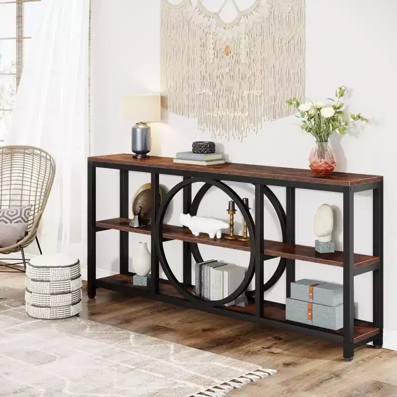 Console longue 3 niveaux de 70,9 po, style industriel rustique, brun et noir