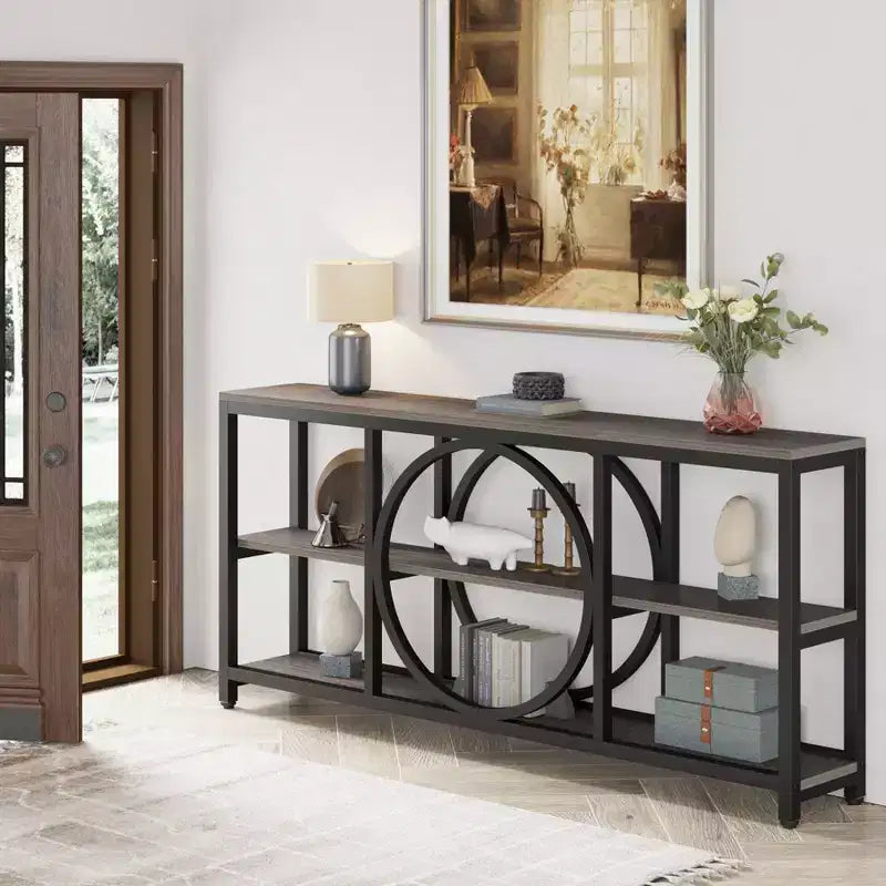 Console longue 3 niveaux de 70,9 po, style industriel rustique, brun et noir