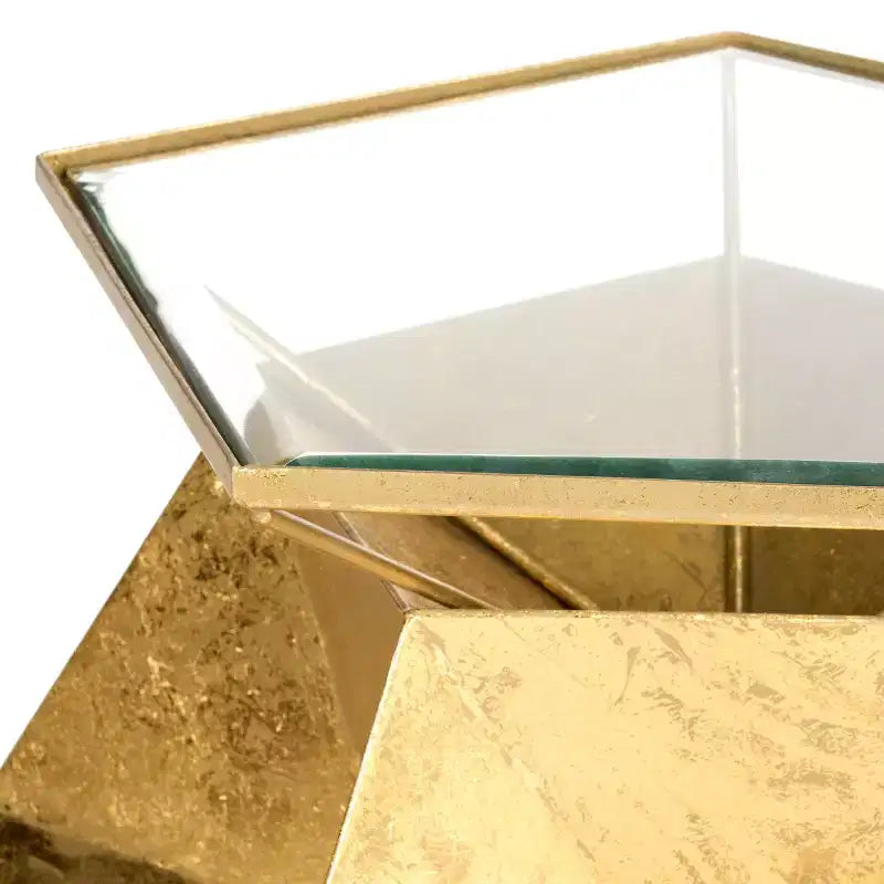Table d'appoint géométrique dorée glamour, fer et verre, 58,42 cm x 58,42 cm x 50,8 cm