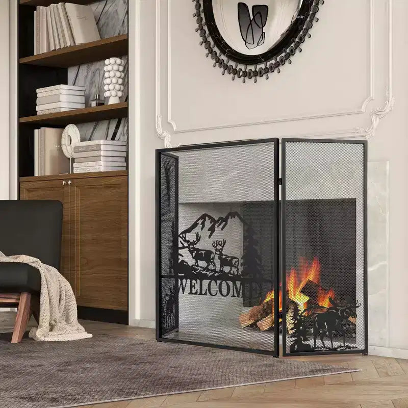 Pare-feu 52" x 31" à 3 panneaux avec pare-étincelles, motif Paysage naturel, Orignal