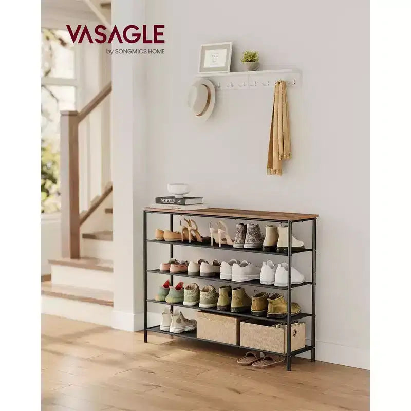 Étagère à chaussures à 4 niveaux pour 20 paires, cadre en acier avec étagères en tissu, marron rustique et noir