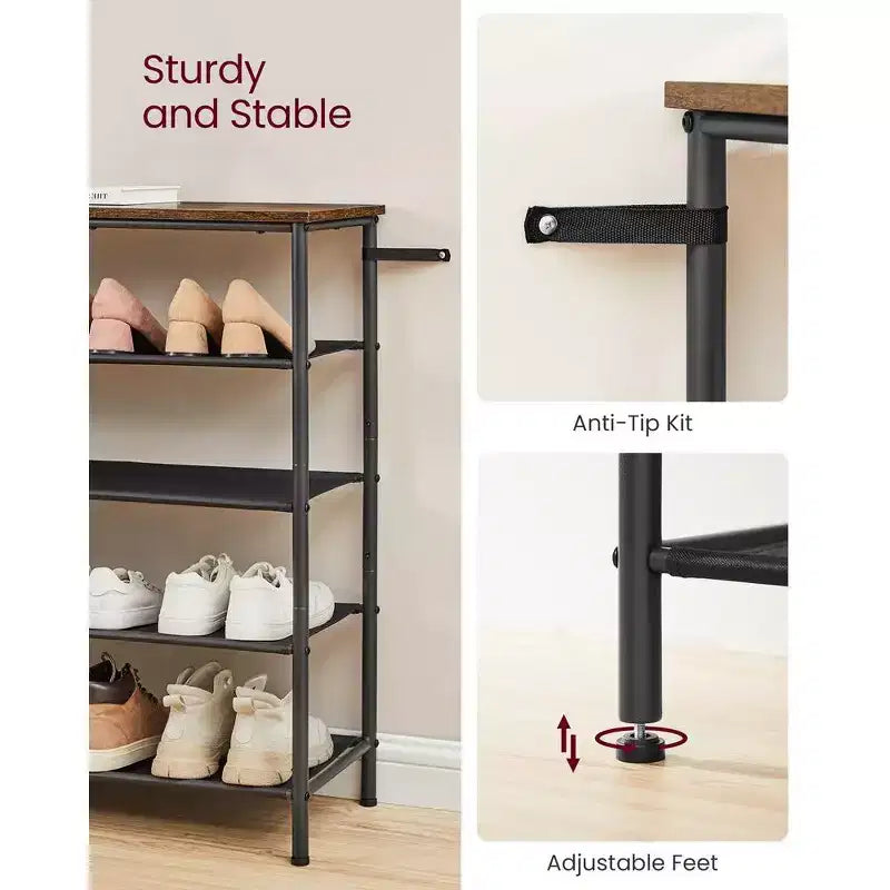 Étagère à chaussures à 4 niveaux pour 20 paires, cadre en acier avec étagères en tissu, marron rustique et noir