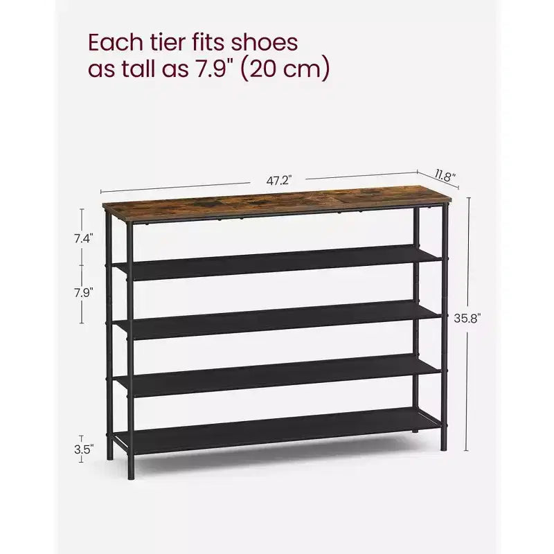 Étagère à chaussures à 4 niveaux pour 20 paires, cadre en acier avec étagères en tissu, marron rustique et noir