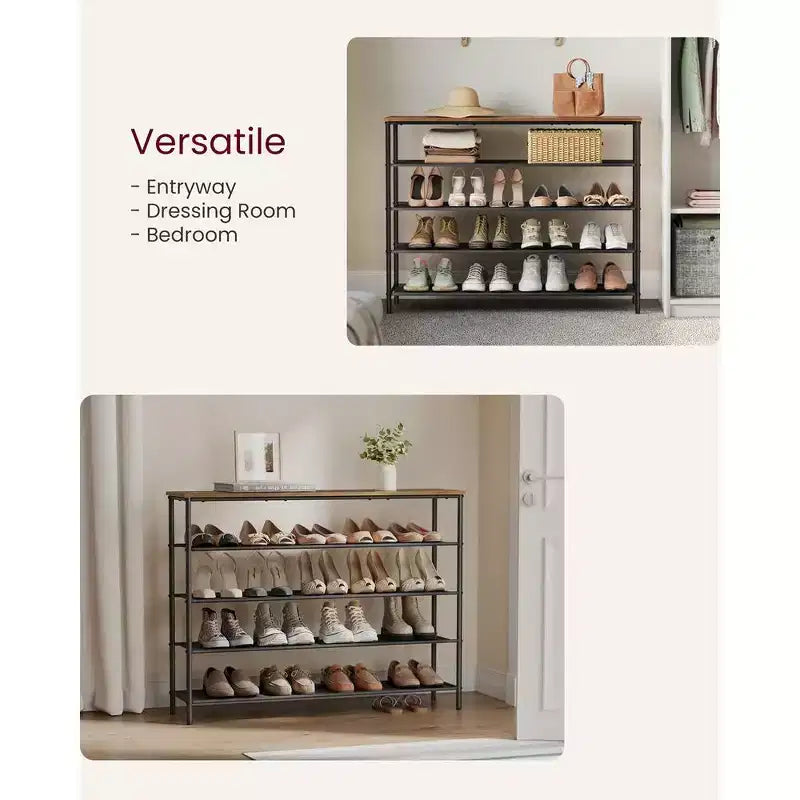 Étagère à chaussures à 4 niveaux pour 20 paires, cadre en acier avec étagères en tissu, marron rustique et noir