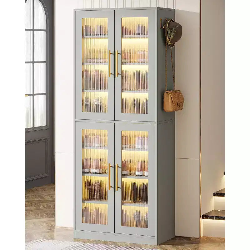 Meuble à chaussures avec lumières LED, Organisateur de chaussures à 8 niveaux avec étagère réglable et portes en acrylique, Peut contenir 16 paires