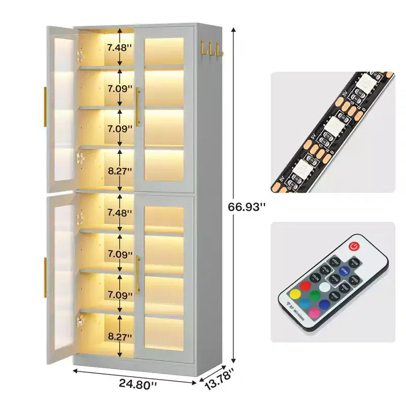 Meuble à chaussures avec lumières LED, Organisateur de chaussures à 8 niveaux avec étagère réglable et portes en acrylique, Peut contenir 16 paires