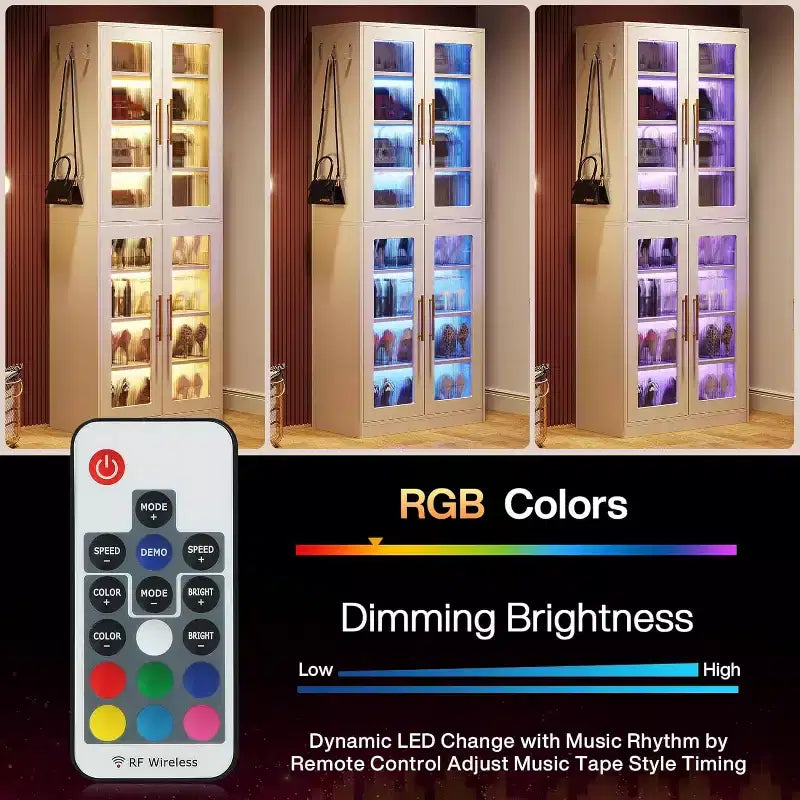 Meuble à chaussures avec lumières LED, Organisateur de chaussures à 8 niveaux avec étagère réglable et portes en acrylique, Peut contenir 16 paires