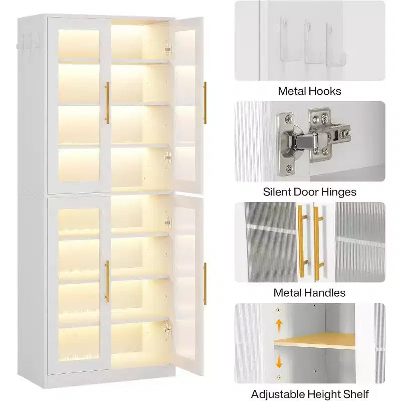 Meuble à chaussures avec lumières LED, Organisateur de chaussures à 8 niveaux avec étagère réglable et portes en acrylique, Peut contenir 16 paires