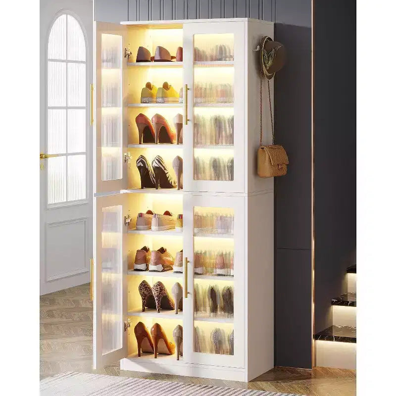 Meuble à chaussures avec lumières LED, Organisateur de chaussures à 8 niveaux avec étagère réglable et portes en acrylique, Peut contenir 16 paires