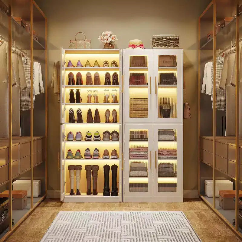 Meuble à chaussures avec lumières LED, Organisateur de chaussures à 8 niveaux avec étagère réglable et portes en acrylique, Peut contenir 16 paires