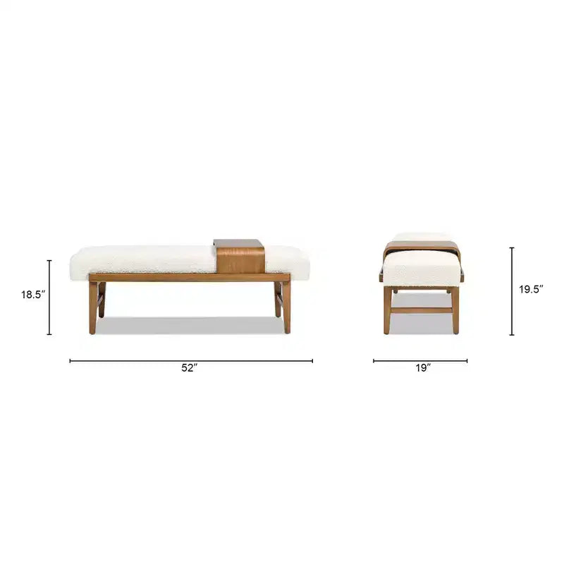 Banc de téléphone moderne de 52 po avec étagère coulissante, boucle blanc ivoire, bois d'hévéa