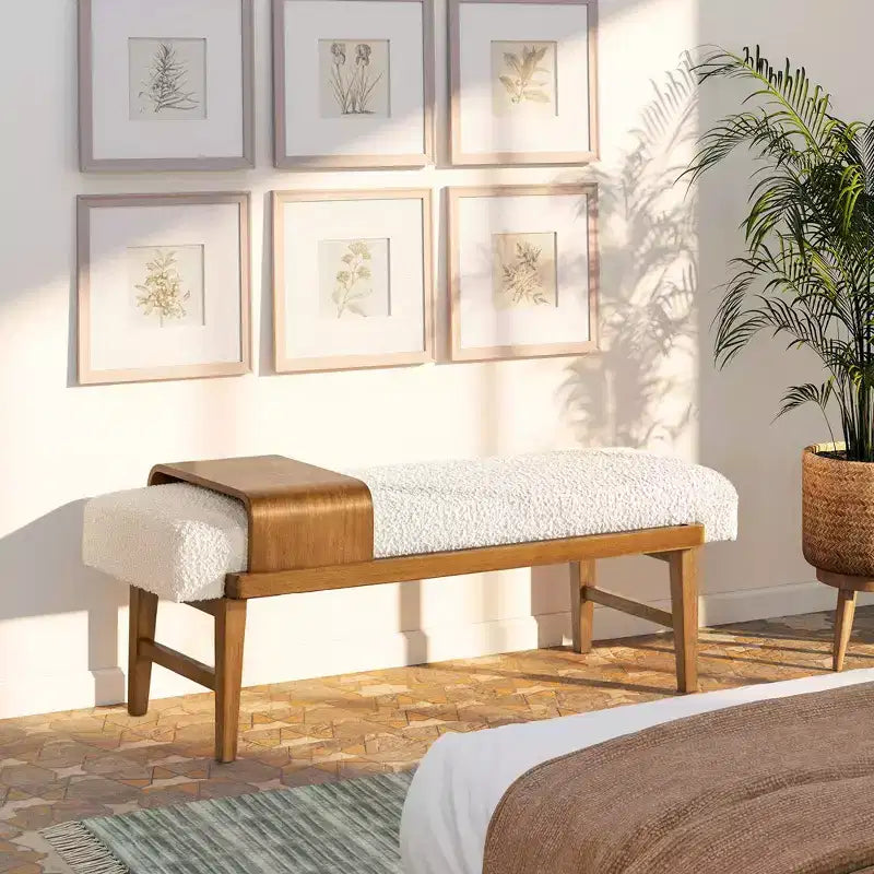 Banc de téléphone moderne de 52 po avec étagère coulissante, boucle blanc ivoire, bois d'hévéa