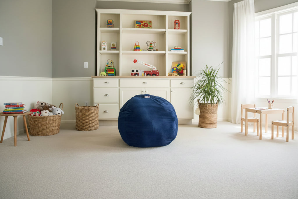 Grande housse de rangement pour pouf de 84 cm pour animaux en peluche et jouets, en velours côtelé bleu roi